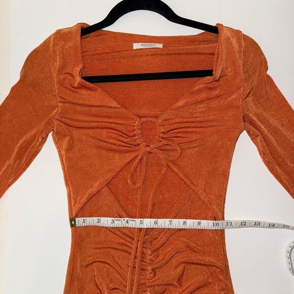 PepperMayo Cora Mini Dress Long Sleeve Bodycon Cut Outs Ruched Ring Tie Orange 4 - Picture 7 of 13